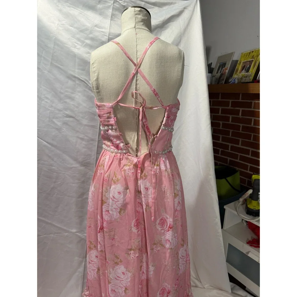 Pink Floral Chiffon Maxi Dress Pearl Rhinestone Trim Ruffle Hem Formal Gown - Picture 4 of 4